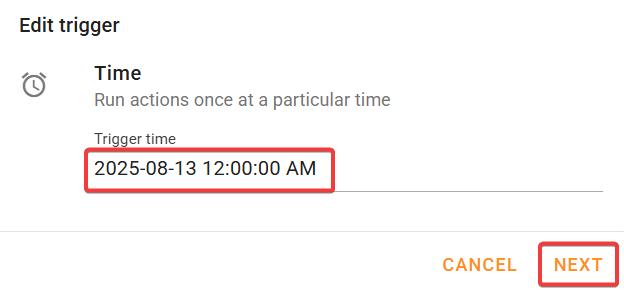 Provide trigger time for the rule to execute