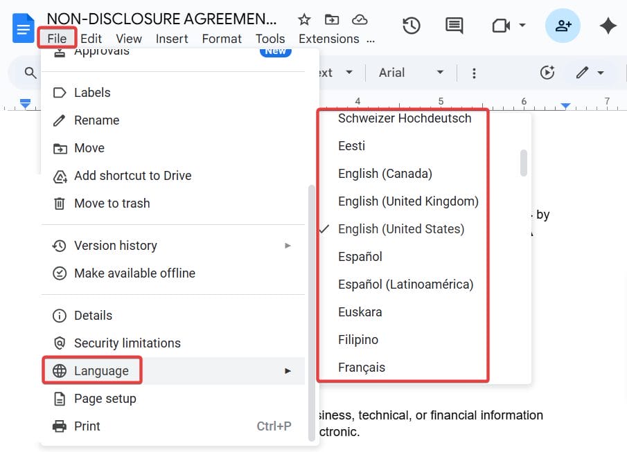 Change Google Docs language settings