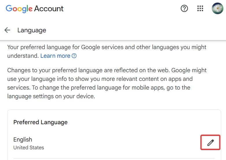 Click on the pencil icon next to your preferred language