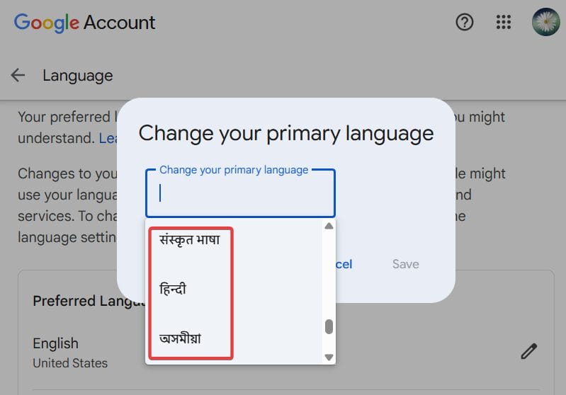 Select your preferred language from the list