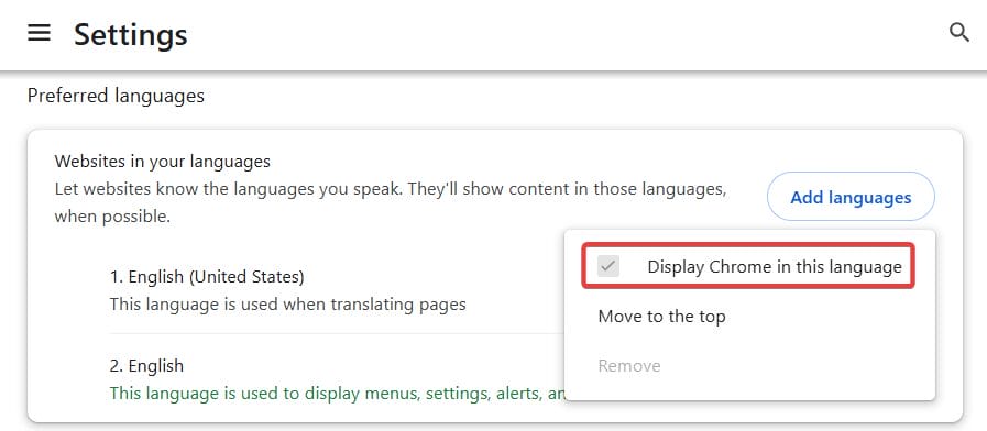 select Display Chrome in this language