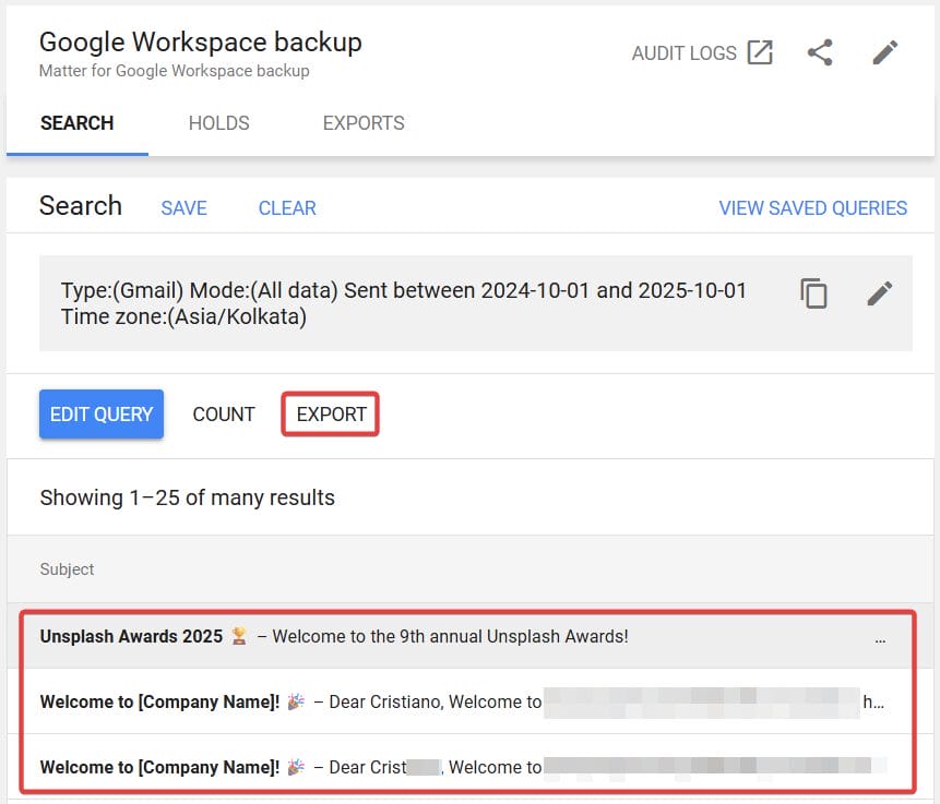 After reviewing search results, click Export.