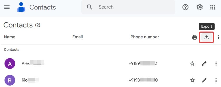 Click Export in the topbar menu