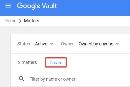 Click on Matters > Create to create matters
