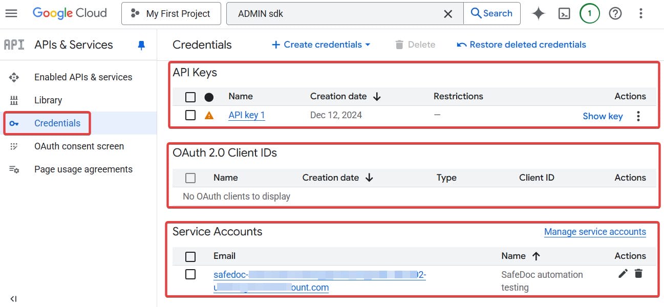 Create OAuth credentials, API key or a service account key