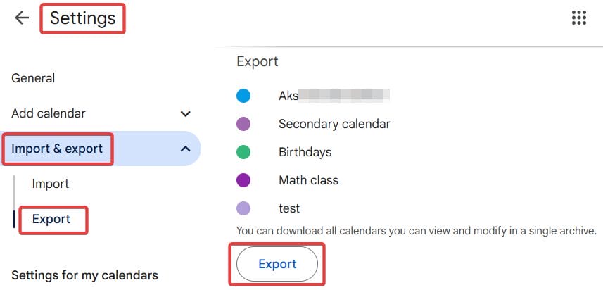 Exporting Google Calendar