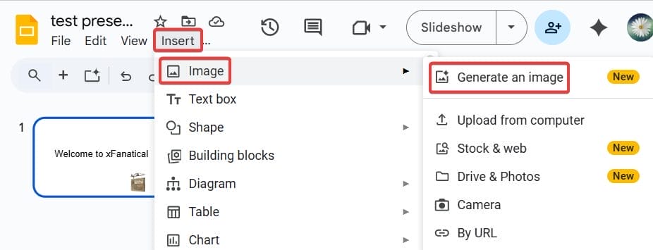Generate an image on Google Slides