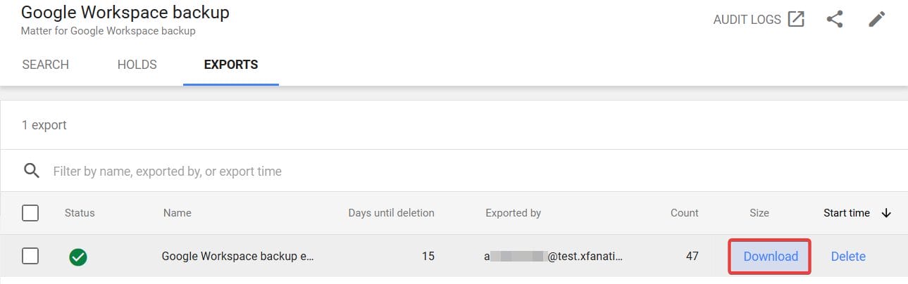 Vault generates an export file that you can download in the Exports tab