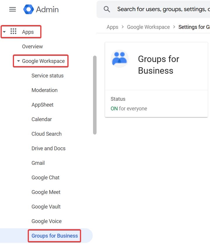 Apps > Google Workspace > Groups for Business