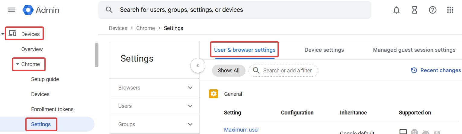 Devices > Chrome > Settings > Users & browsers