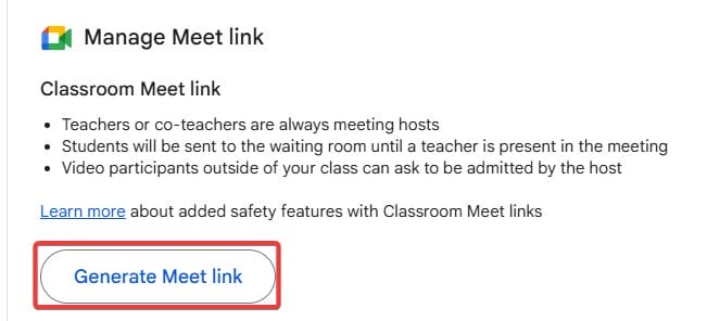 Generate meeting link in Google Classroom