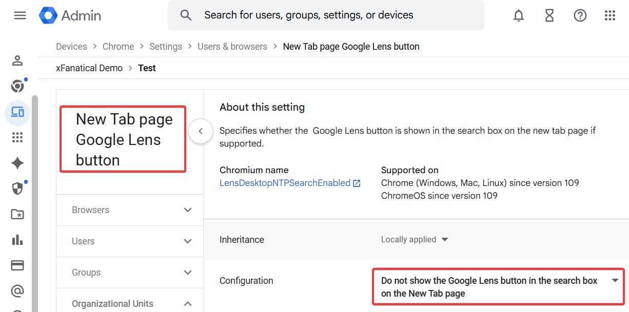 Lens on New Tab page button to completely block the feature.