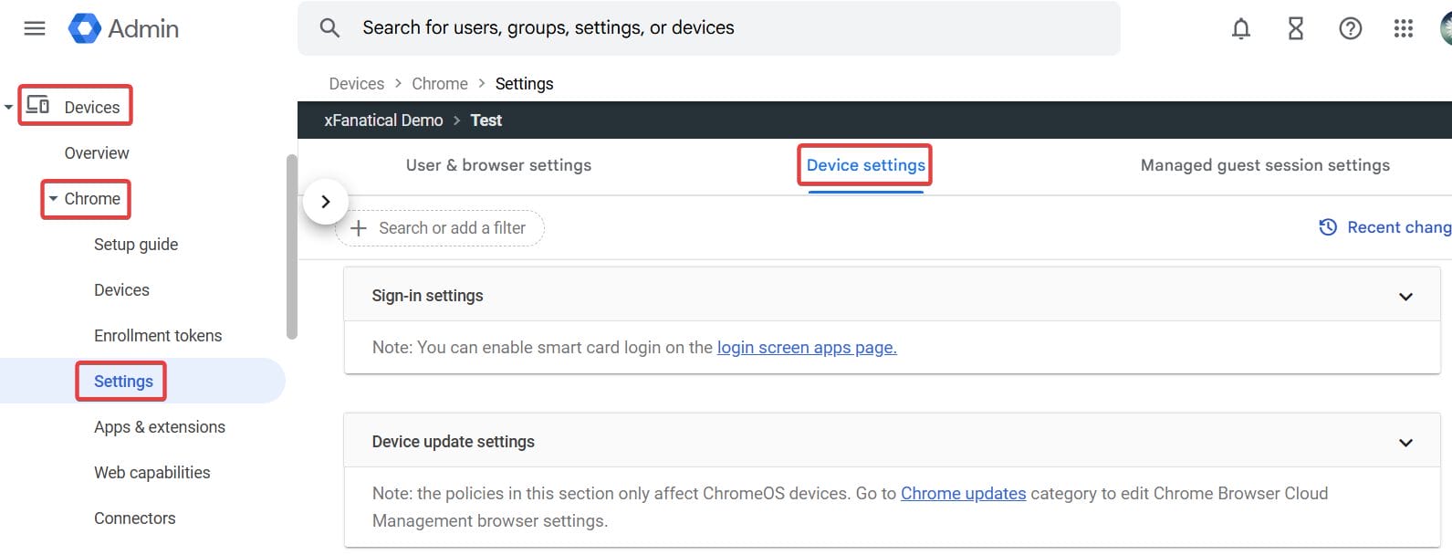 Navigate to the device settings page