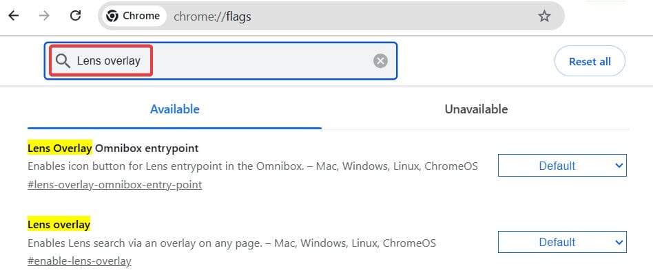 in the search box type Lens overlay.