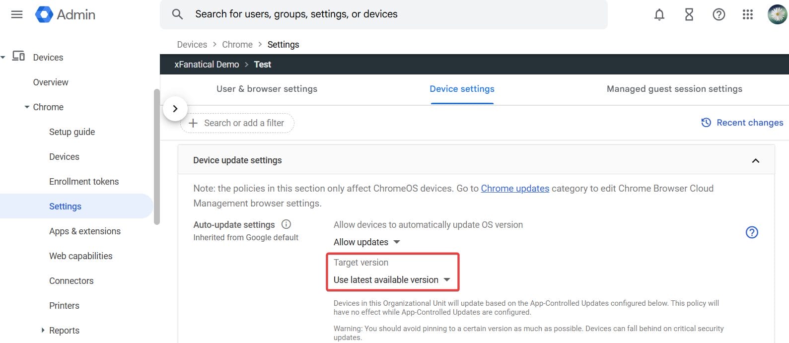 set Target version setting