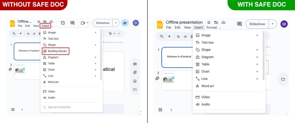 xFanatical Safe Doc blocks Building blocks menu item in Google Slides.