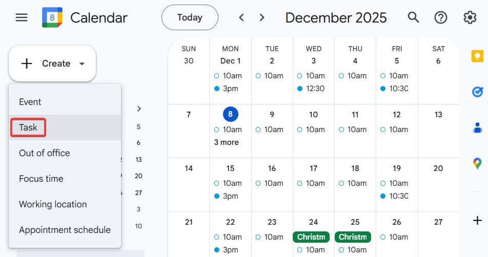 Click Task form the dropdown.
