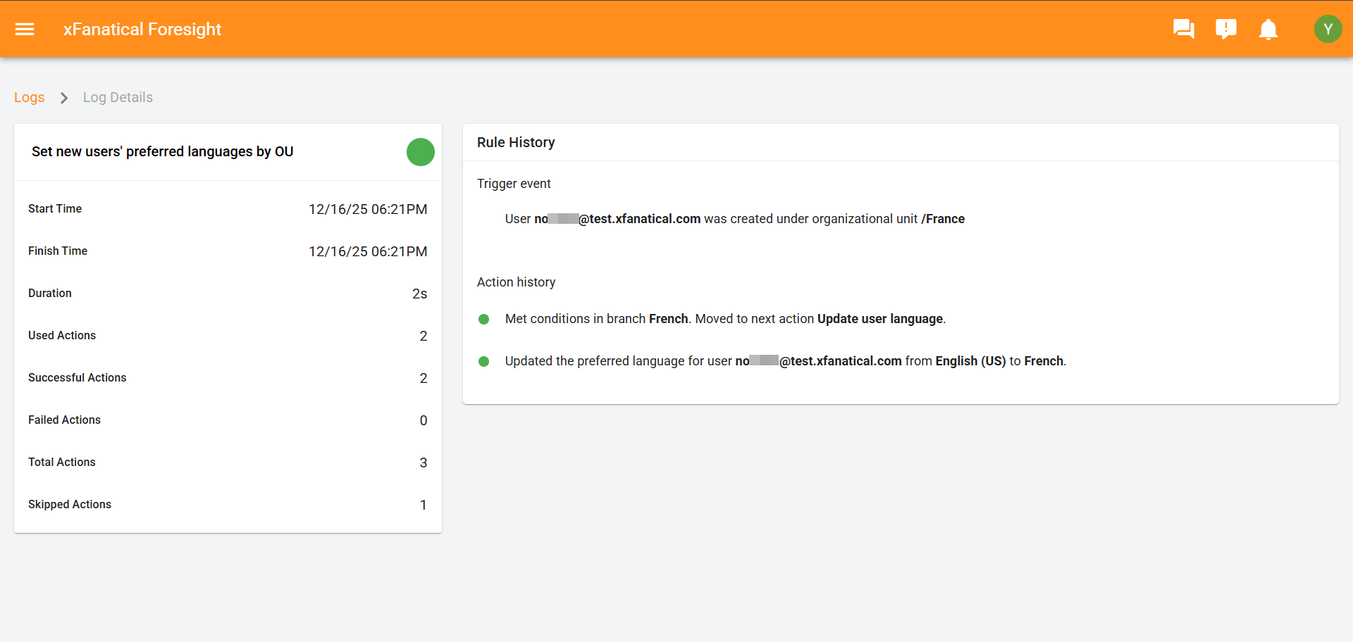 Rule History page for set new users default language by organizational units in Google workspace