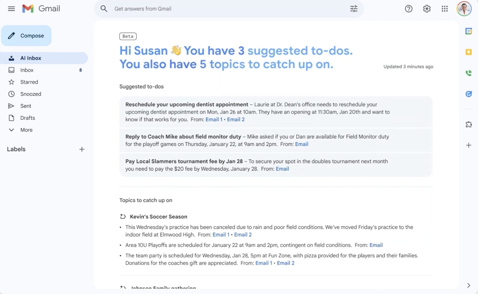 AI Inbox in Gmail example