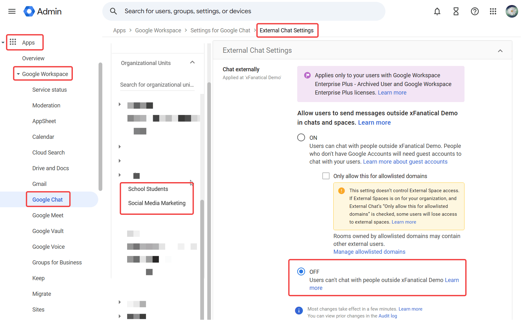Restrict External Chat Using Admin Console